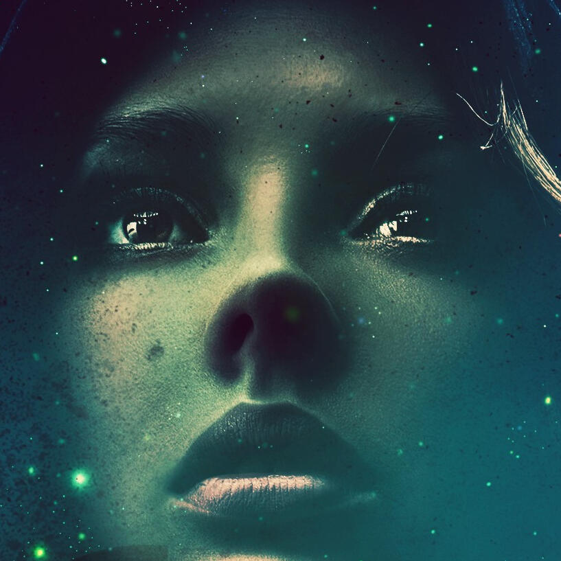 book cover snippet: a woman's face with stars